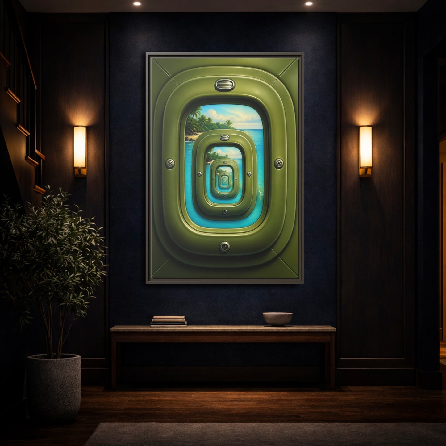 Mockup 4. Cabin Window Illusion shown as framed canvas print