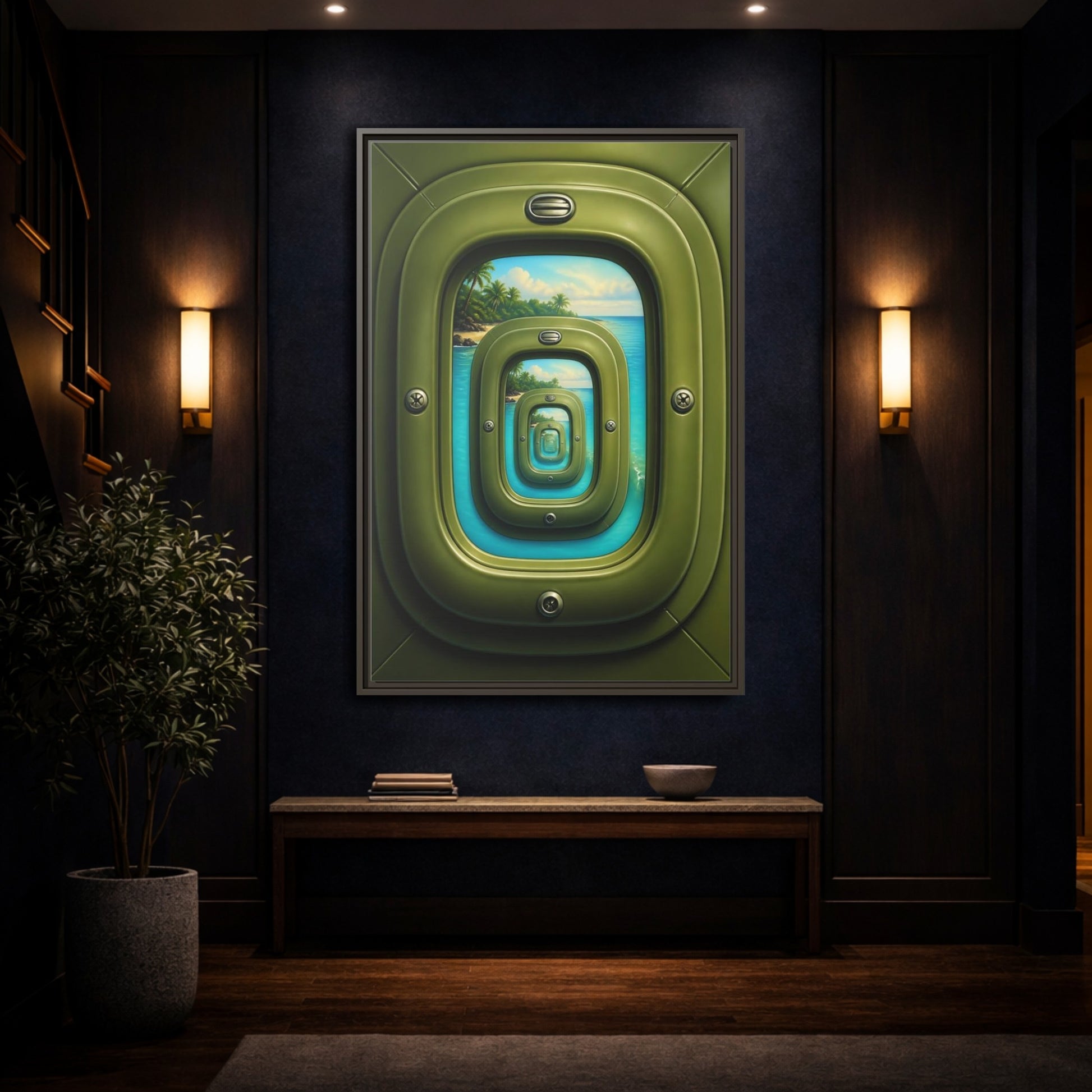 Mockup 4. Cabin Window Illusion shown as framed canvas print