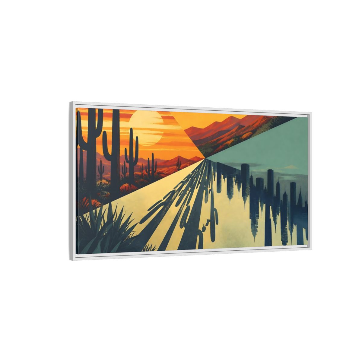 Side Mockup 3. Cactus City Mirage shown as framed canvas print