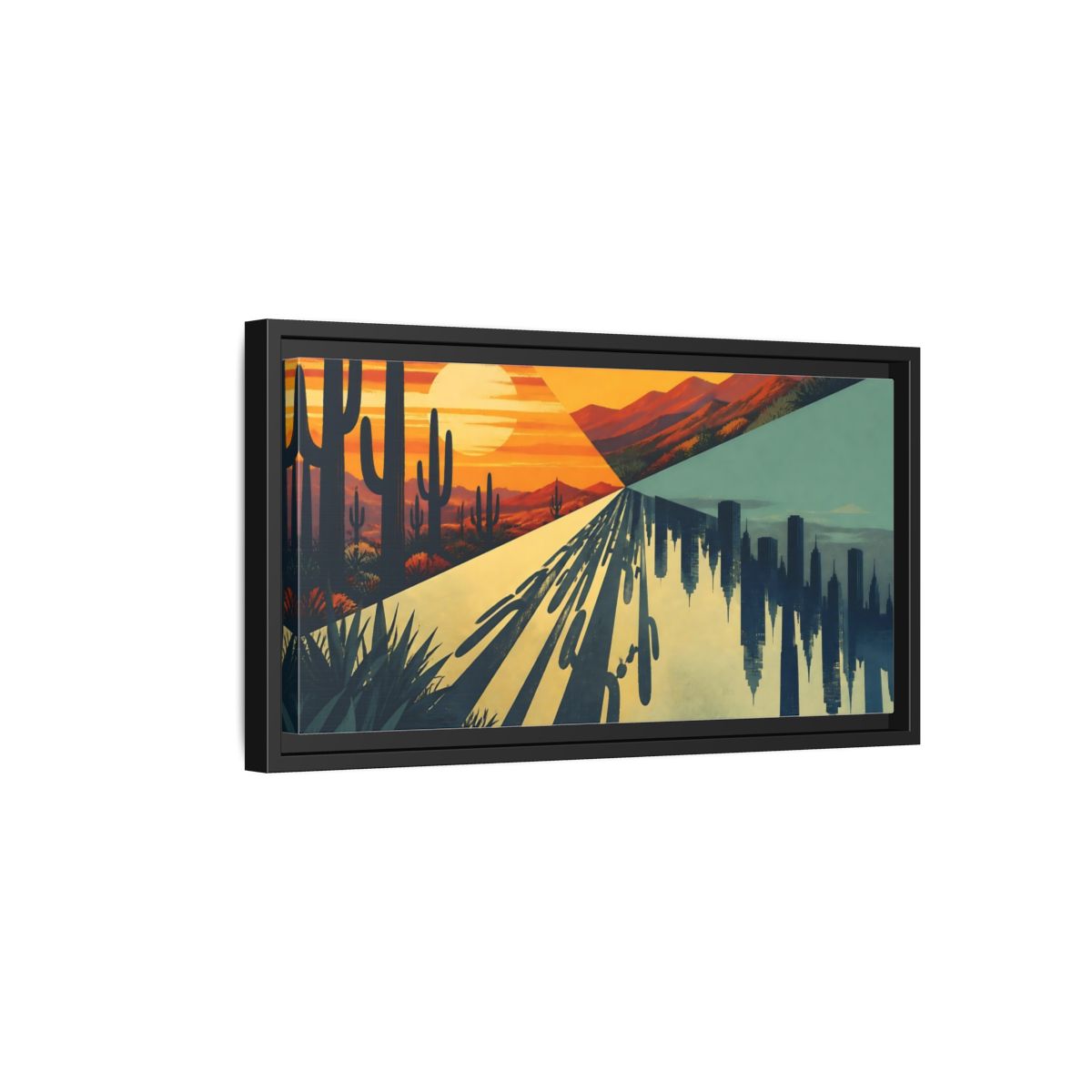 Side Mockup 8. Cactus City Mirage shown as framed canvas print