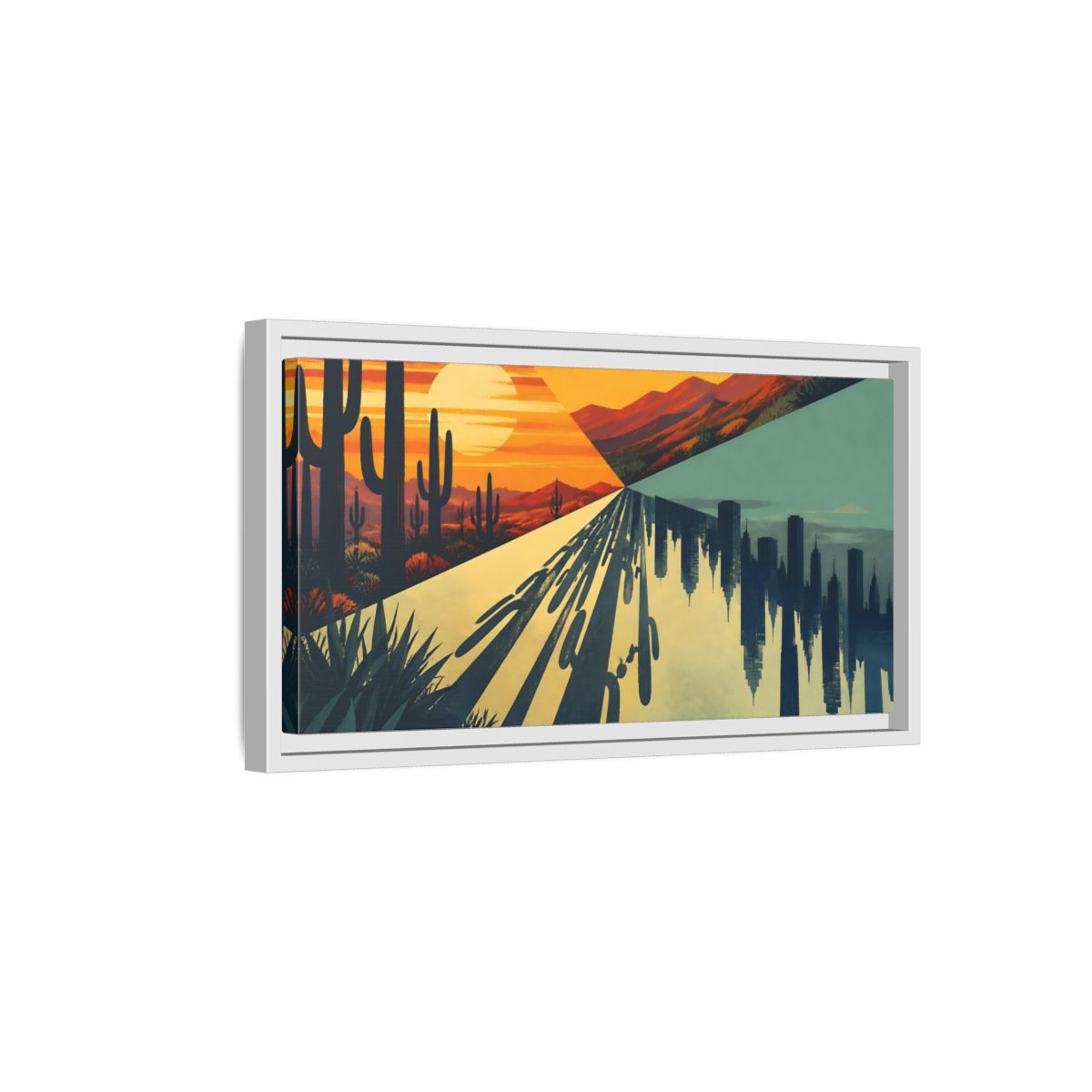 Side Mockup 6. Cactus City Mirage shown as framed canvas print