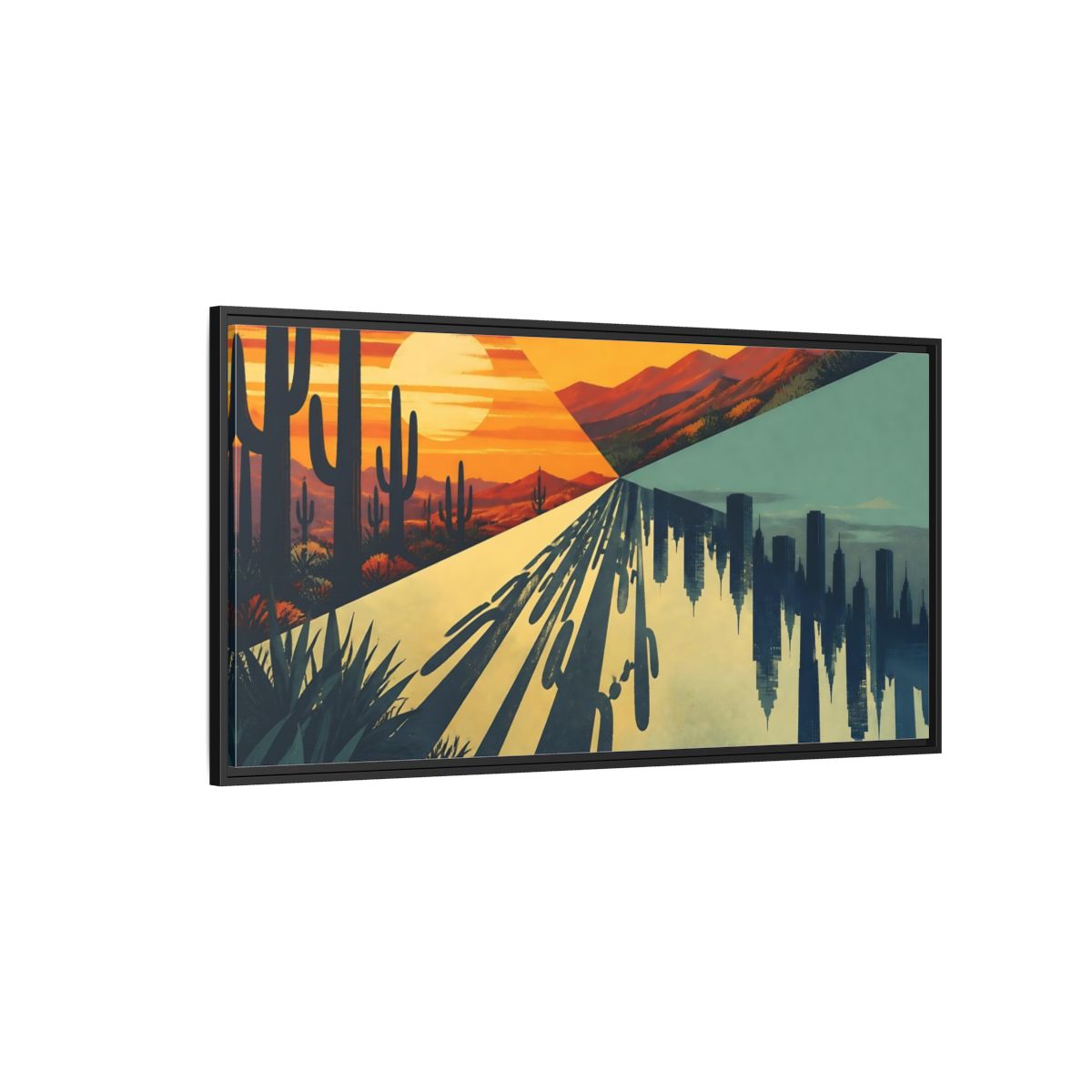 Side Mockup 5. Cactus City Mirage shown as framed canvas print