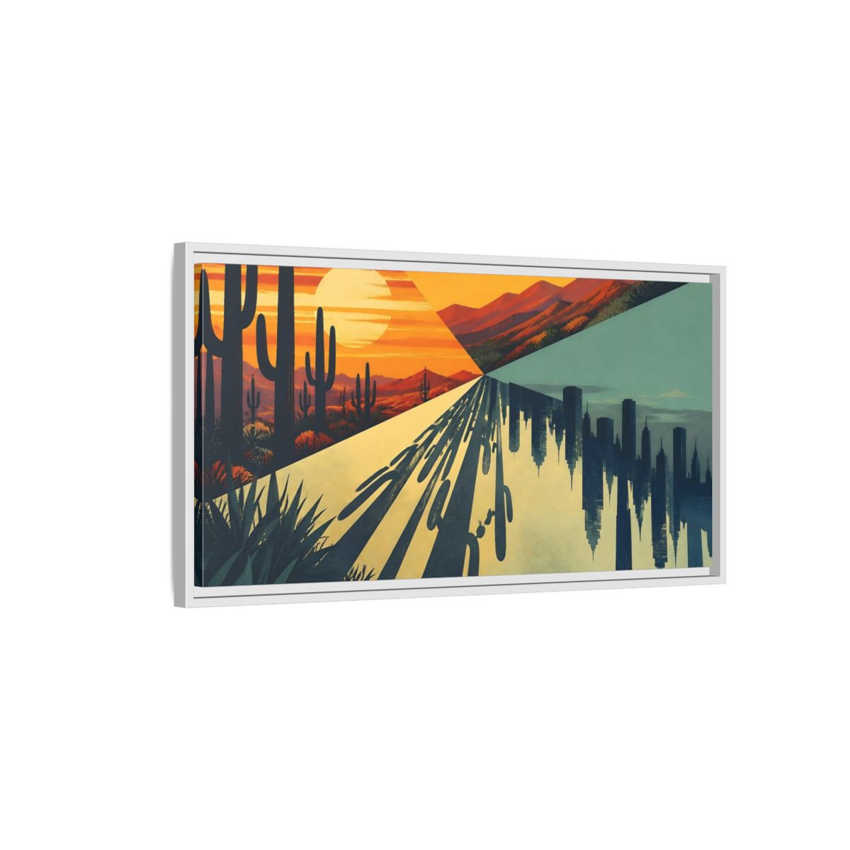 Side Mockup 1. Cactus City Mirage shown as framed canvas print