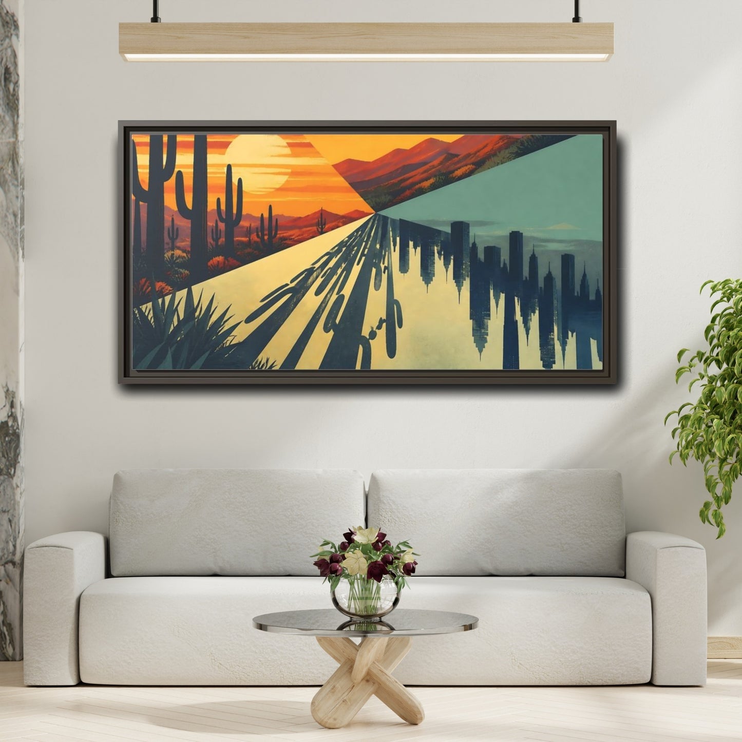 Mockup 2. Cactus City Mirage shown as framed canvas print