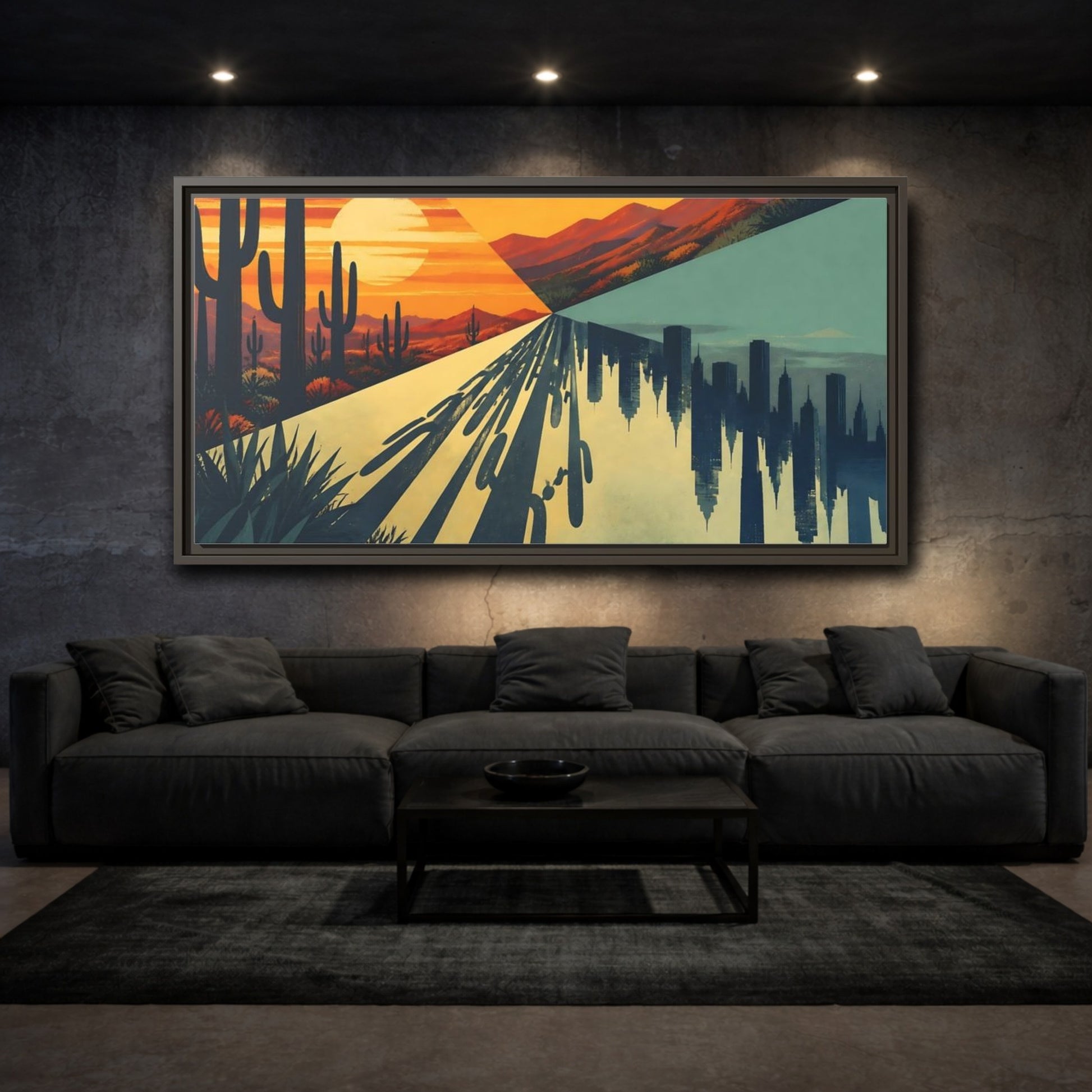 Mockup 3. Cactus City Mirage shown as framed canvas print