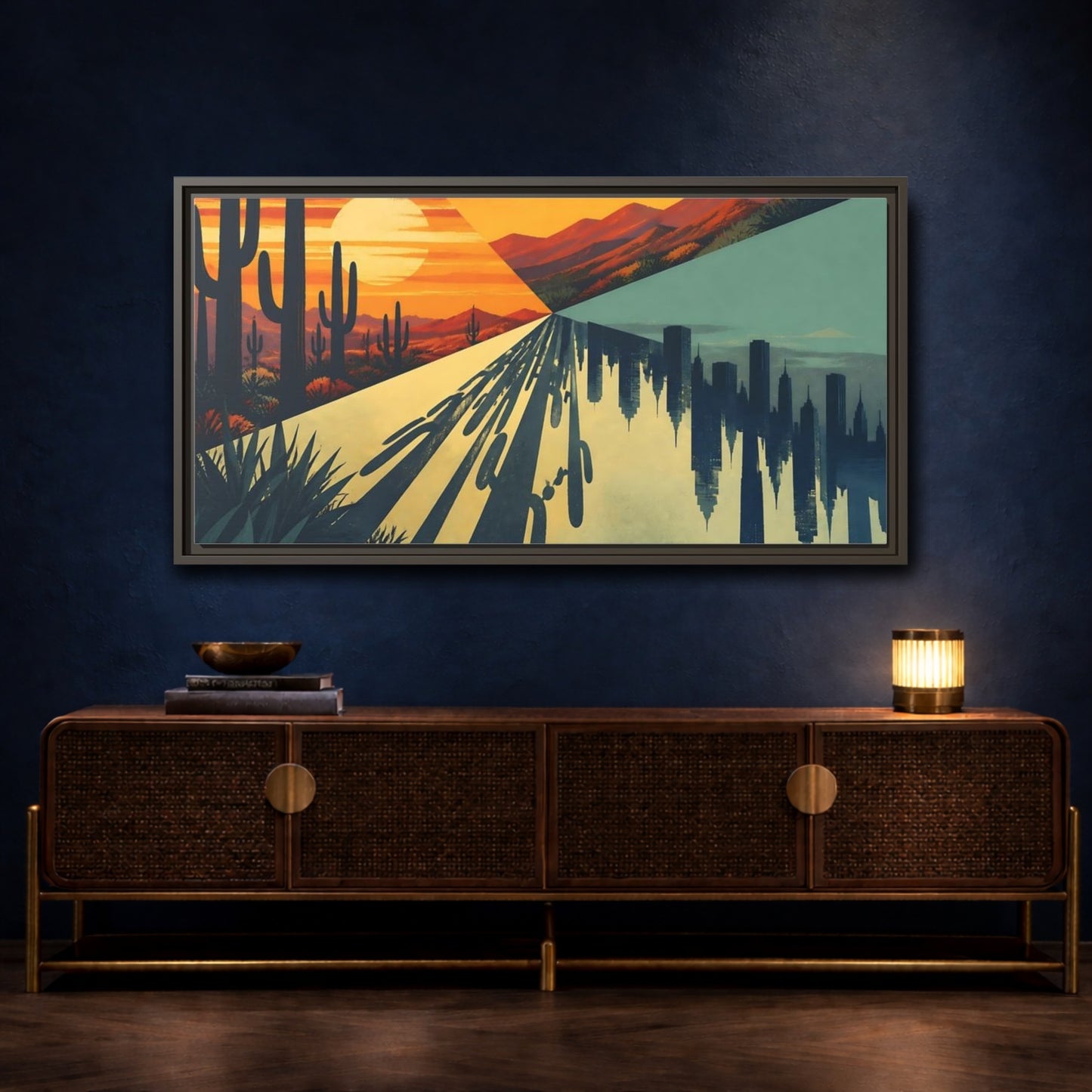 Mockup 4. Cactus City Mirage shown as framed canvas print