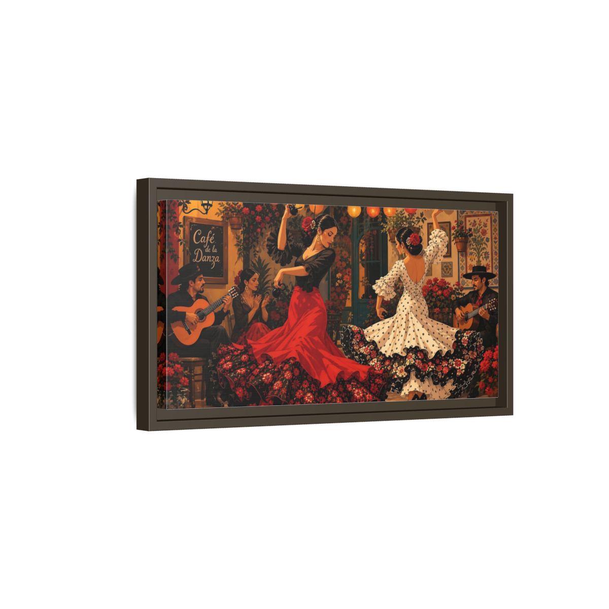 Side Mockup 7. Cafe Flamenco Dancers shown as framed canvas print
