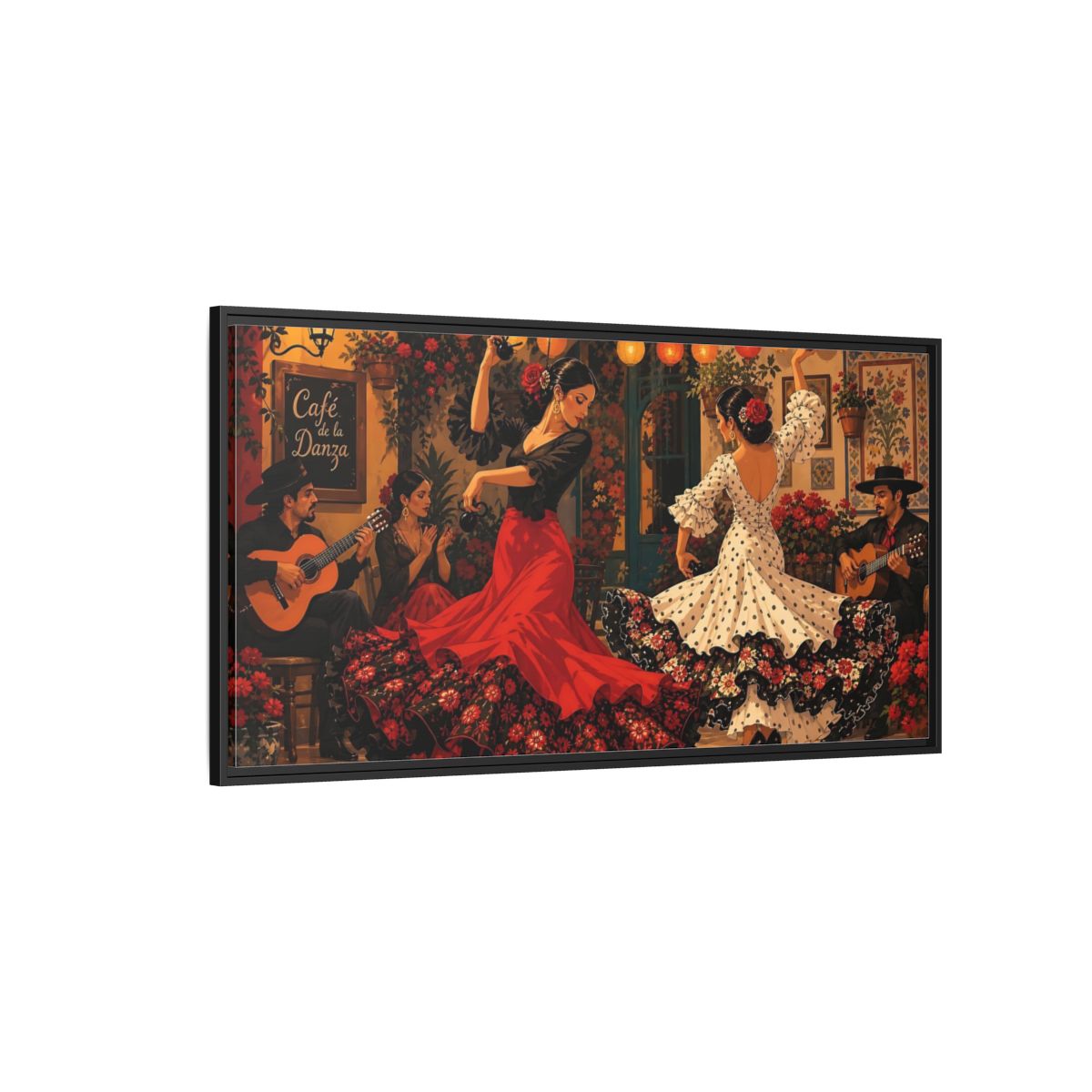 Side Mockup 5. Cafe Flamenco Dancers shown as framed canvas print