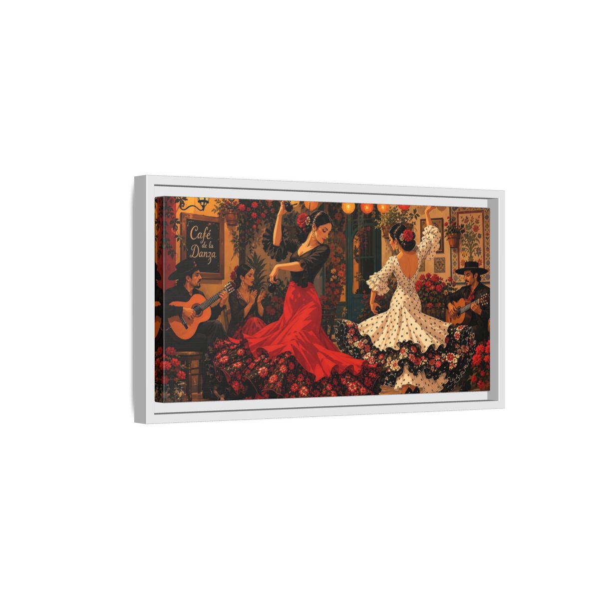 Side Mockup 6. Cafe Flamenco Dancers shown as framed canvas print