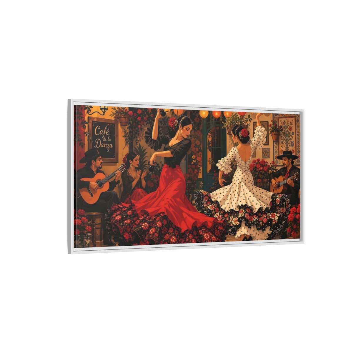 Side Mockup 3. Cafe Flamenco Dancers shown as framed canvas print