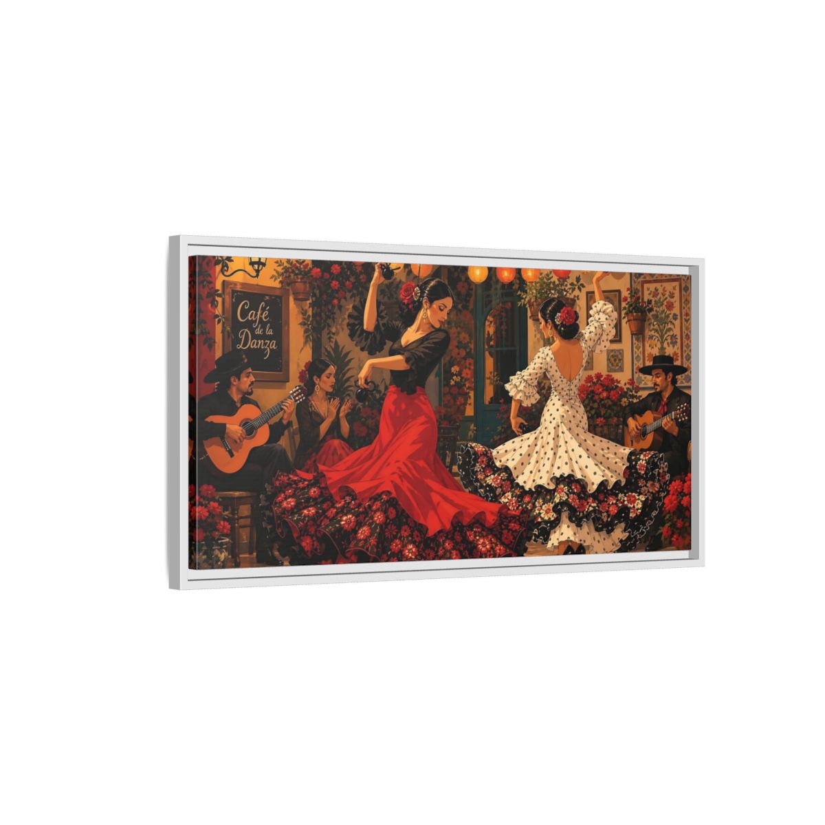 Side Mockup 1. Cafe Flamenco Dancers shown as framed canvas print