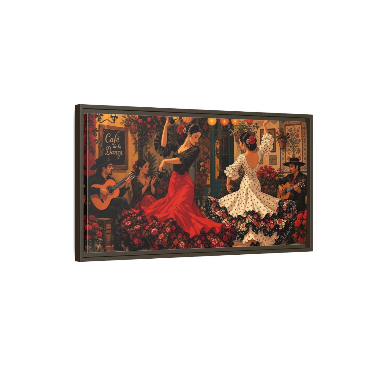 Main Mockup. Cafe Flamenco Dancers shown as framed canvas print