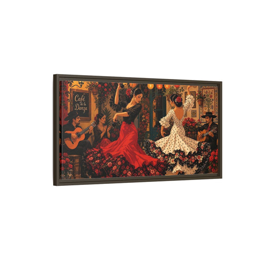 Main Mockup. Cafe Flamenco Dancers shown as framed canvas print