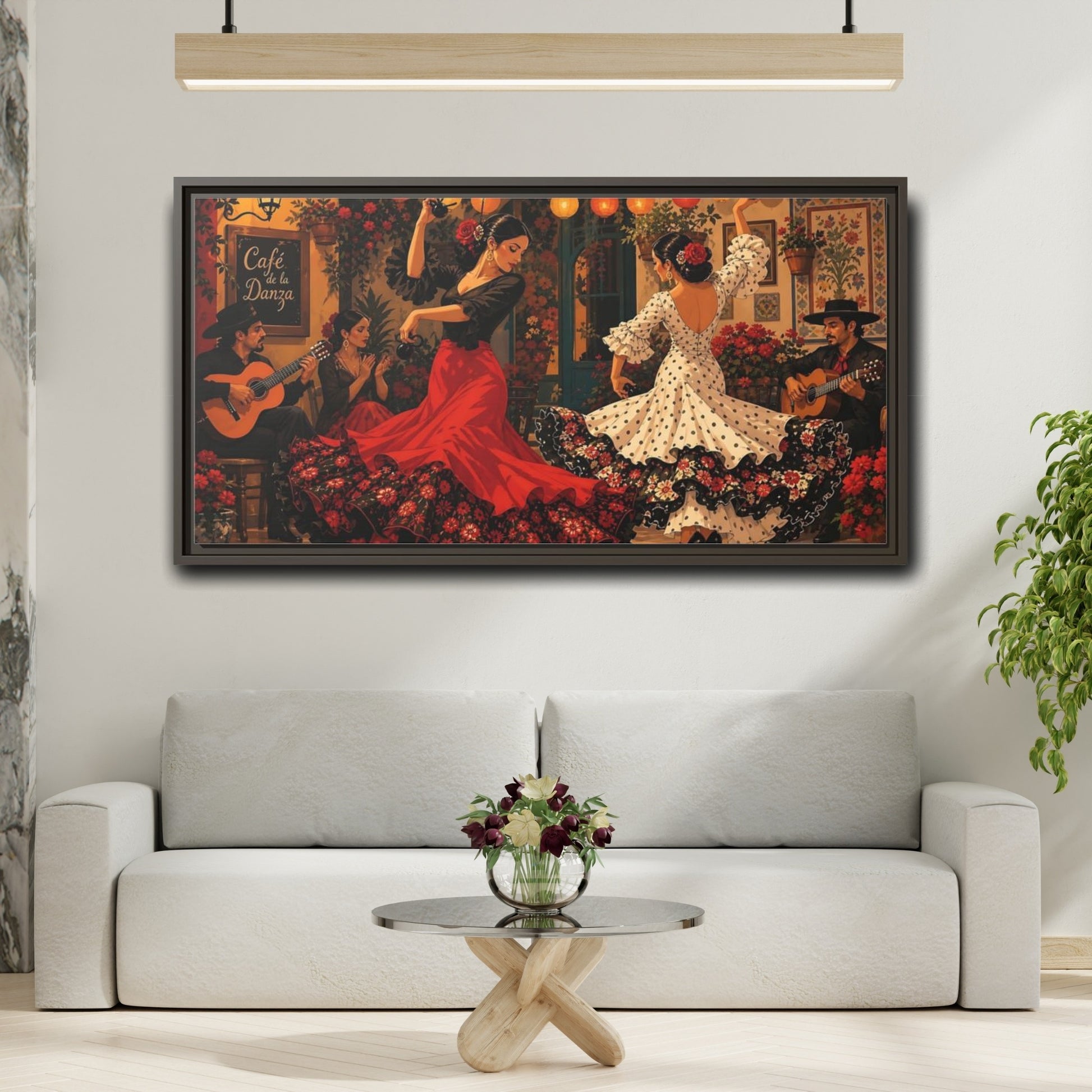 Mockup 2. Cafe Flamenco Dancers shown as framed canvas print