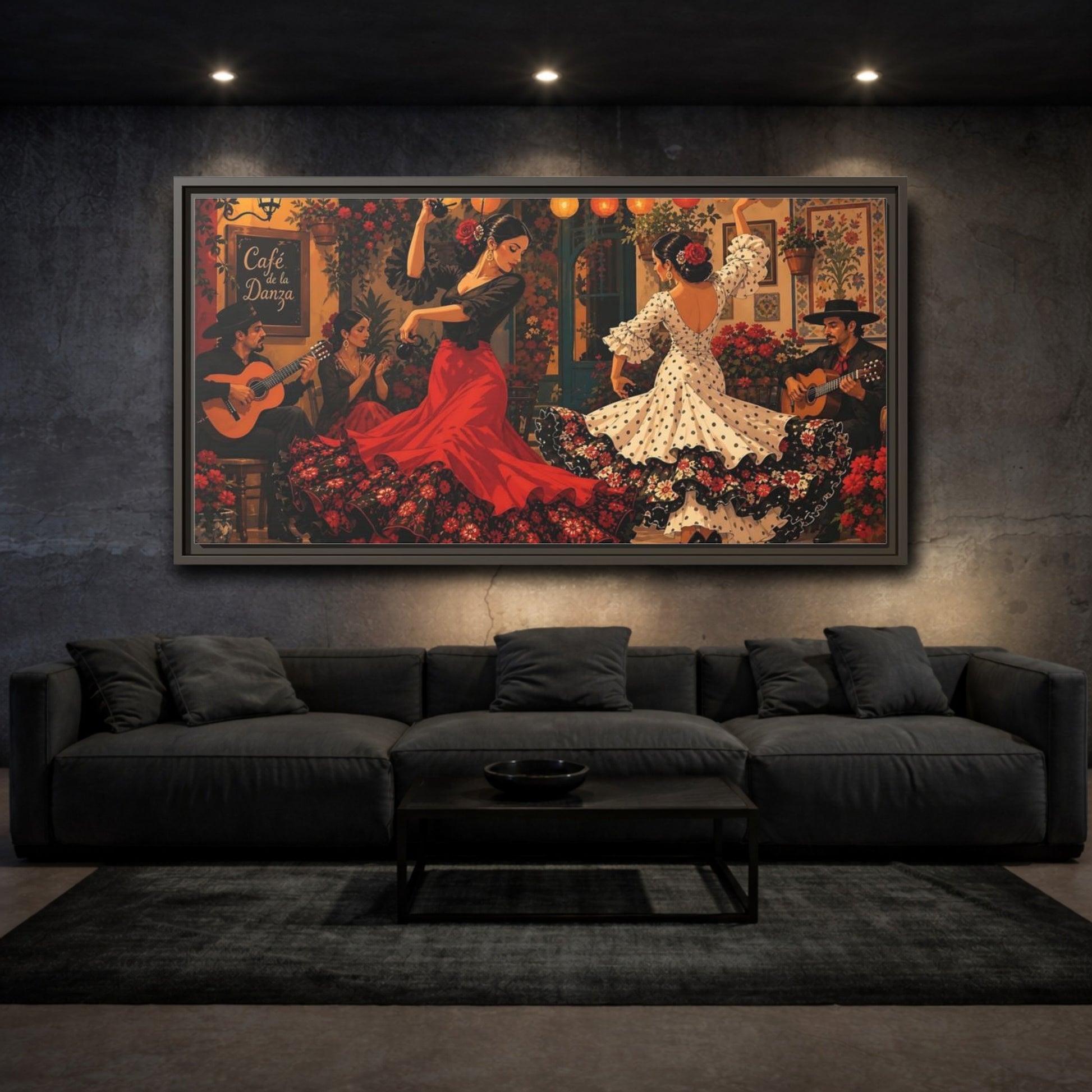 Mockup 3. Cafe Flamenco Dancers shown as framed canvas print