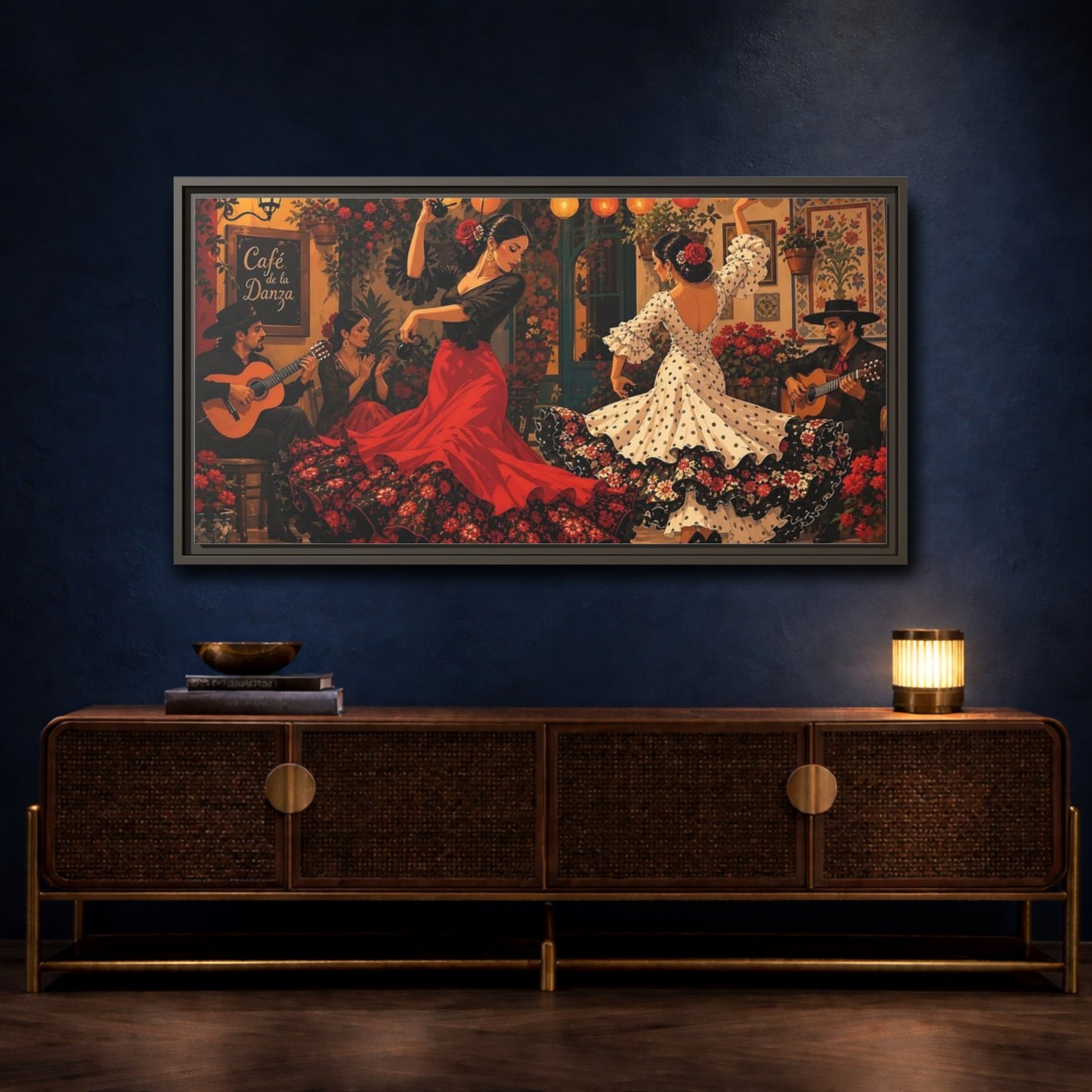 Mockup 4. Cafe Flamenco Dancers shown as framed canvas print