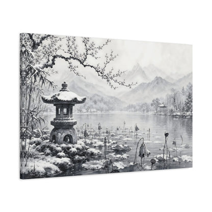 Main Mockup. Calm Monochrome Landscape Sketch Lotus Lake Around Stone Lantern After Snowy Silence shown as stretched canvas wall art
