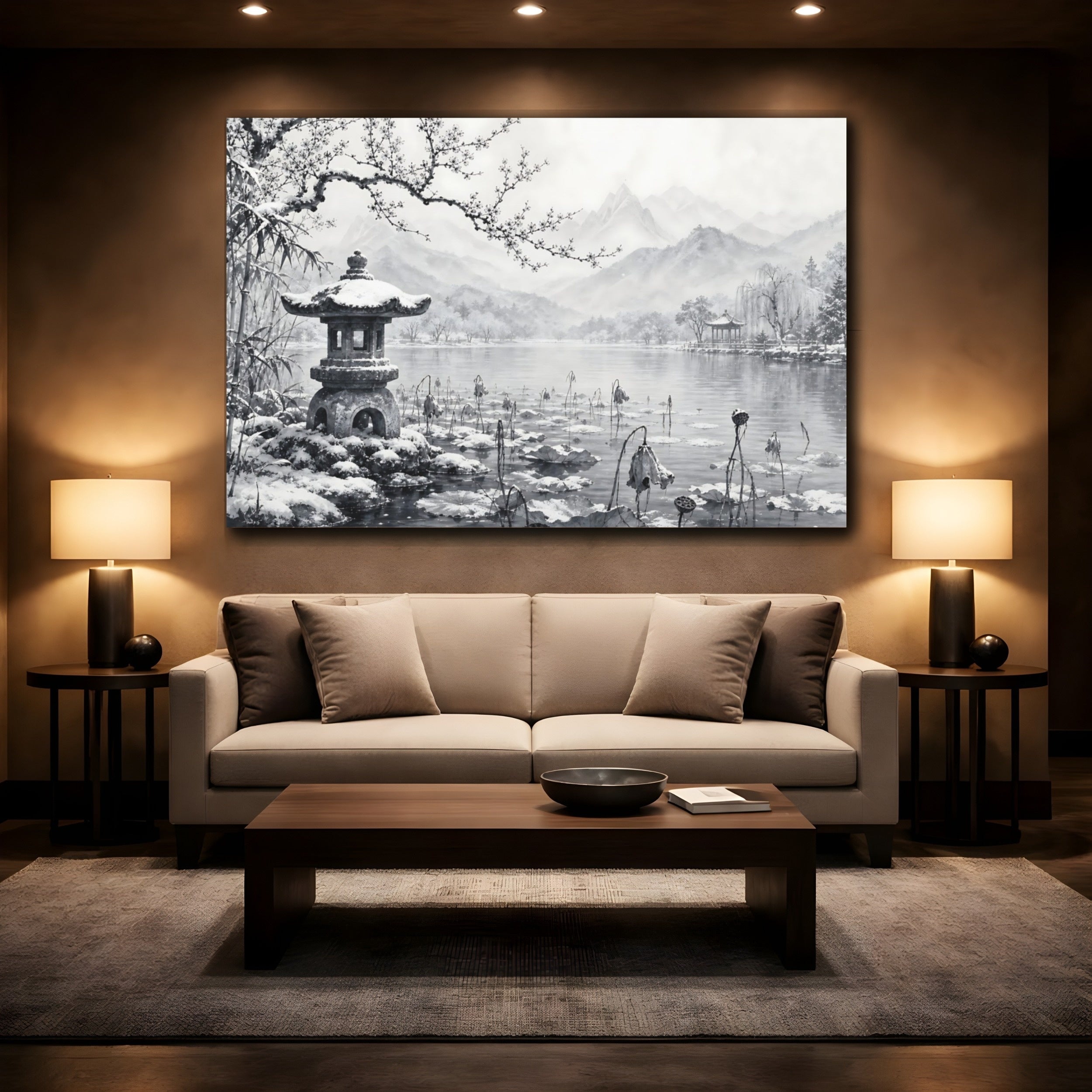 Mockup 2. Calm Monochrome Landscape Sketch Lotus Lake Around Stone Lantern After Snowy Silence shown as stretched canvas wall art