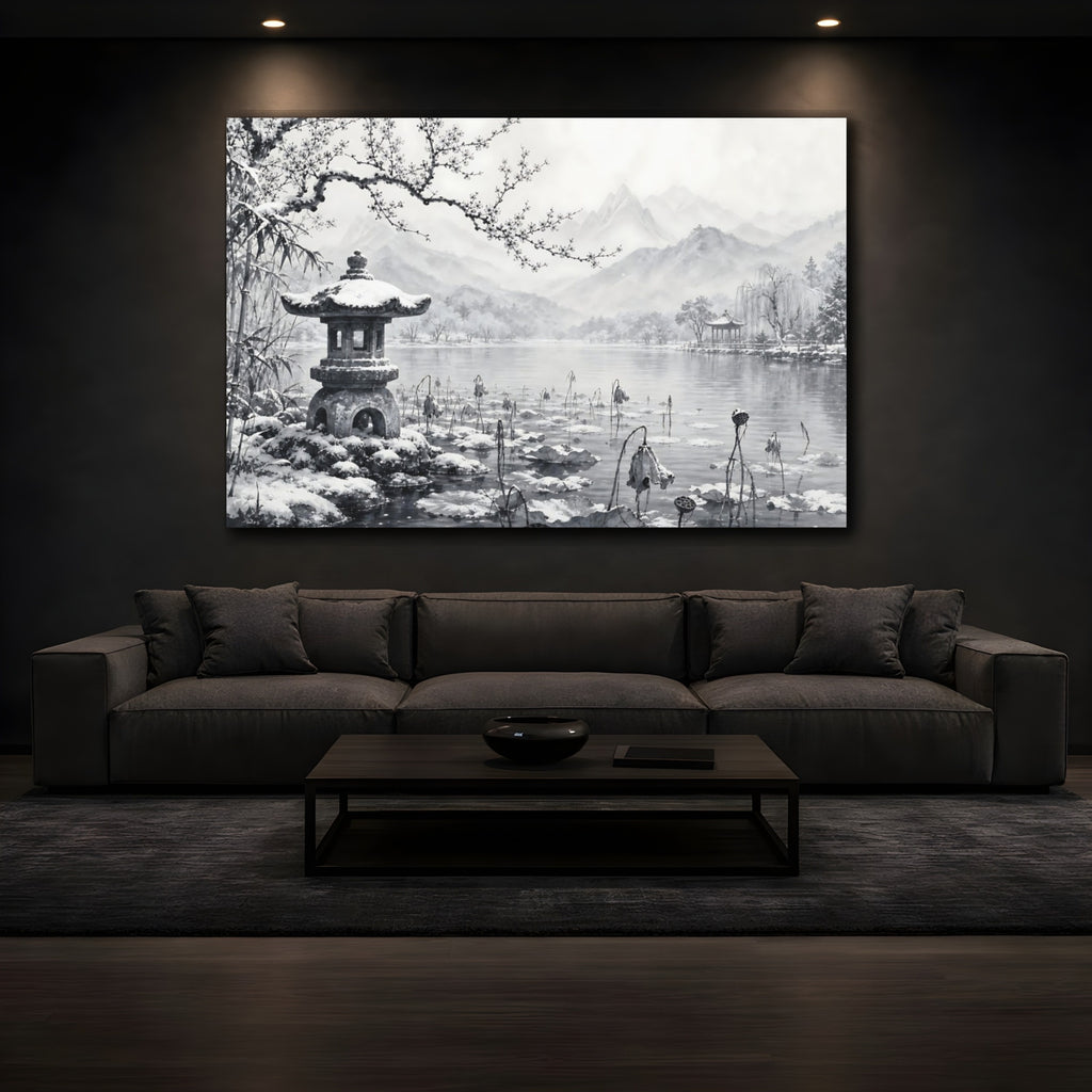 Mockup 3. Calm Monochrome Landscape Sketch Lotus Lake Around Stone Lantern After Snowy Silence shown as stretched canvas wall art