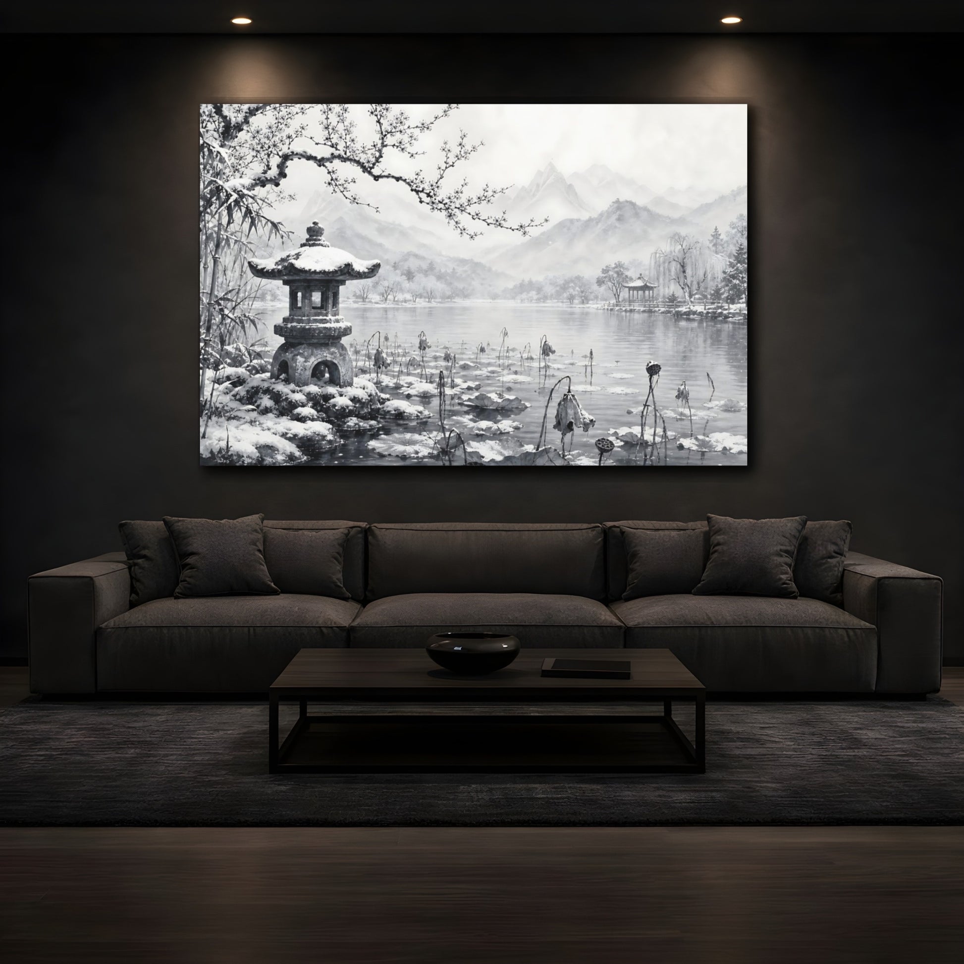 Mockup 3. Calm Monochrome Landscape Sketch Lotus Lake Around Stone Lantern After Snowy Silence shown as stretched canvas wall art