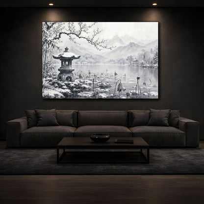Mockup 3. Calm Monochrome Landscape Sketch Lotus Lake Around Stone Lantern After Snowy Silence shown as stretched canvas wall art