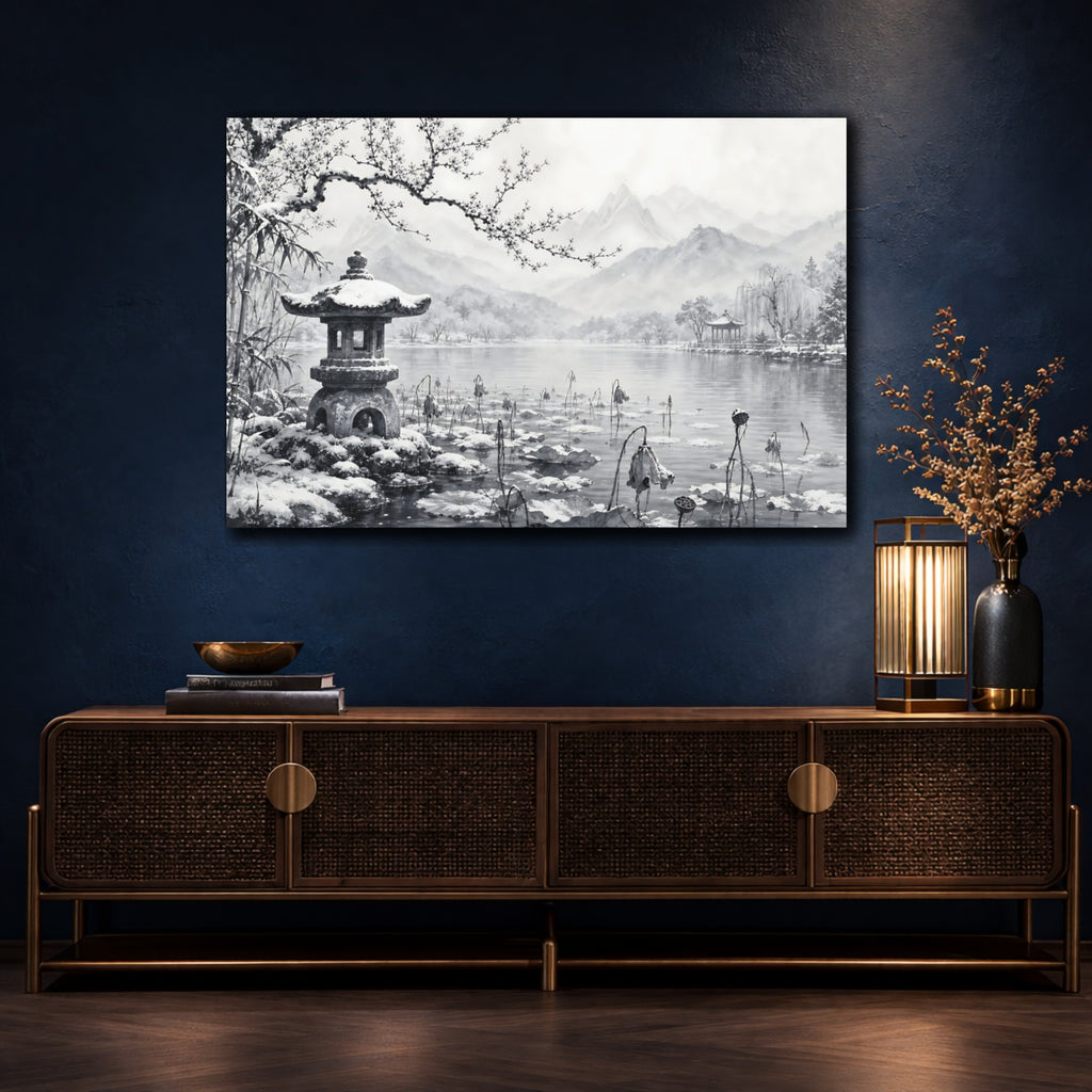 Mockup 4. Calm Monochrome Landscape Sketch Lotus Lake Around Stone Lantern After Snowy Silence shown as stretched canvas wall art