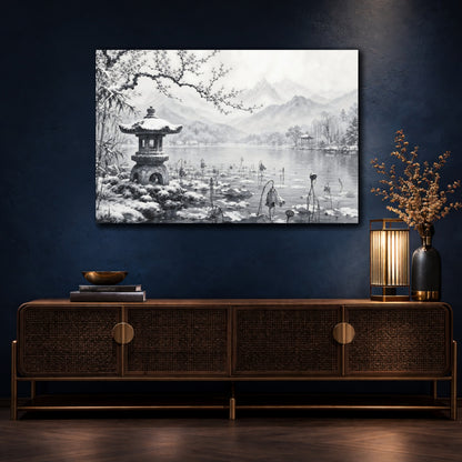 Mockup 4. Calm Monochrome Landscape Sketch Lotus Lake Around Stone Lantern After Snowy Silence shown as stretched canvas wall art