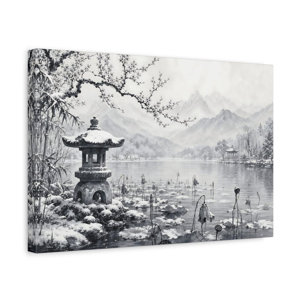 Side Mockup 4. Calm Monochrome Landscape Sketch Lotus Lake Around Stone Lantern After Snowy Silence shown as stretched canvas wall art