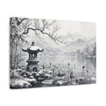 Side Mockup 4. Calm Monochrome Landscape Sketch Lotus Lake Around Stone Lantern After Snowy Silence shown as stretched canvas wall art