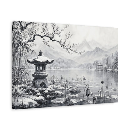Side Mockup 4. Calm Monochrome Landscape Sketch Lotus Lake Around Stone Lantern After Snowy Silence shown as stretched canvas wall art