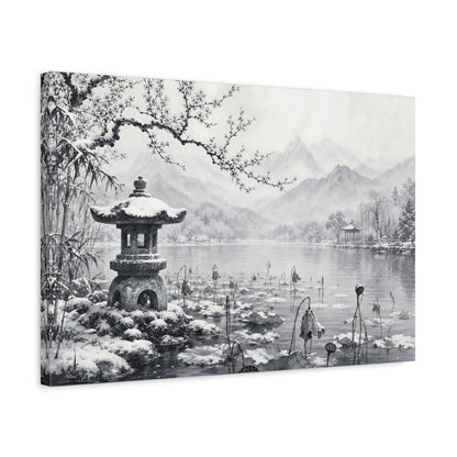 Side Mockup 3. Calm Monochrome Landscape Sketch Lotus Lake Around Stone Lantern After Snowy Silence shown as stretched canvas wall art