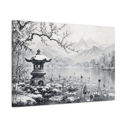 Side Mockup 2. Calm Monochrome Landscape Sketch Lotus Lake Around Stone Lantern After Snowy Silence shown as stretched canvas wall art