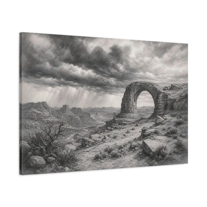 Main Mockup. Calm Monochrome Landscape Sketch Stone Arch Beyond Desert Canyon Beneath Stormy Sky shown as stretched canvas wall art