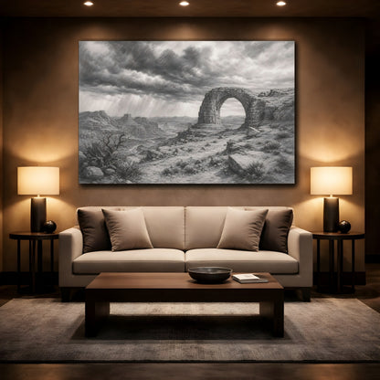 Mockup 2. Calm Monochrome Landscape Sketch Stone Arch Beyond Desert Canyon Beneath Stormy Sky shown as stretched canvas wall art