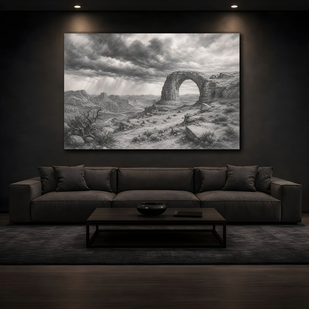 Mockup 3. Calm Monochrome Landscape Sketch Stone Arch Beyond Desert Canyon Beneath Stormy Sky shown as stretched canvas wall art