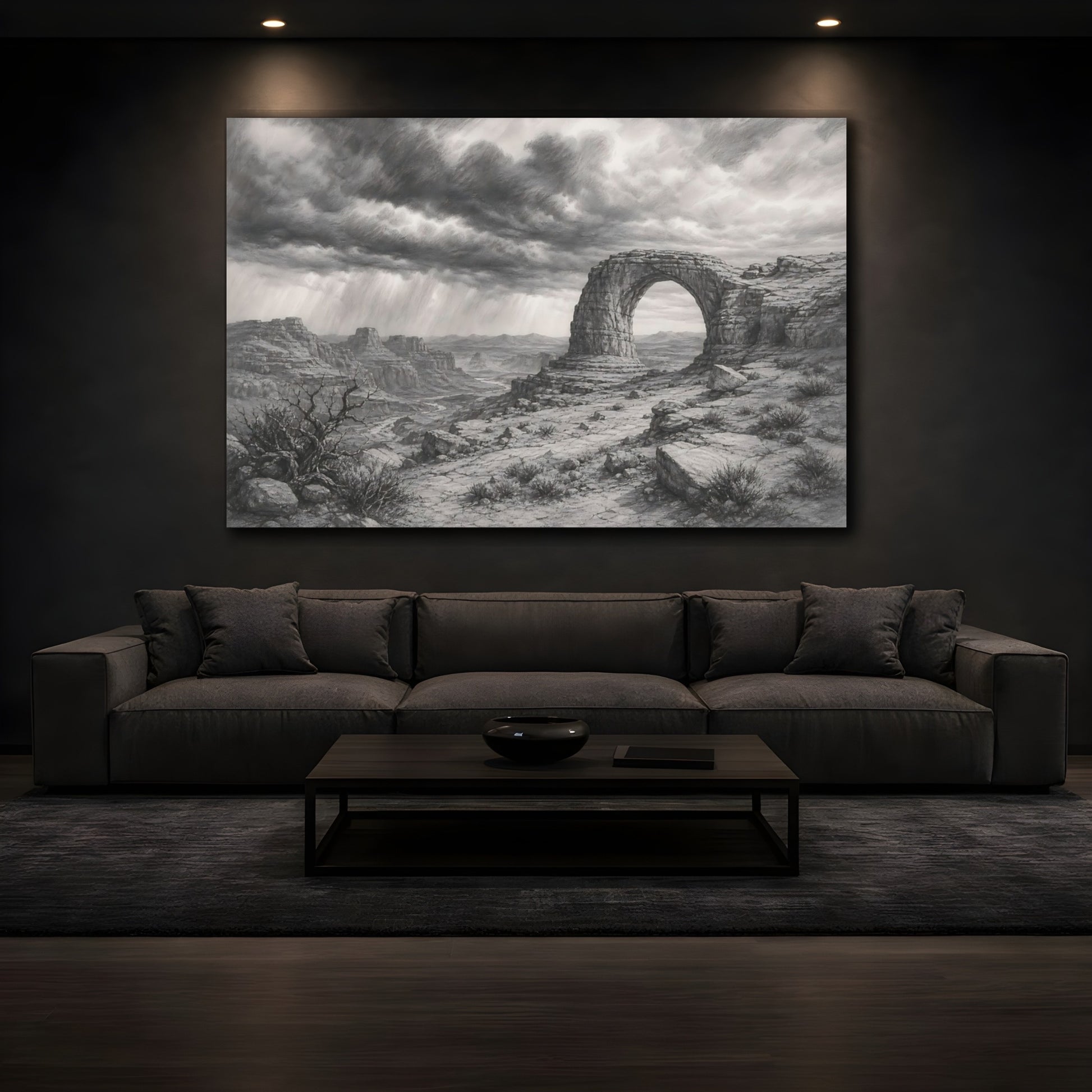 Mockup 3. Calm Monochrome Landscape Sketch Stone Arch Beyond Desert Canyon Beneath Stormy Sky shown as stretched canvas wall art