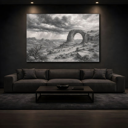 Mockup 3. Calm Monochrome Landscape Sketch Stone Arch Beyond Desert Canyon Beneath Stormy Sky shown as stretched canvas wall art