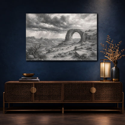 Mockup 4. Calm Monochrome Landscape Sketch Stone Arch Beyond Desert Canyon Beneath Stormy Sky shown as stretched canvas wall art
