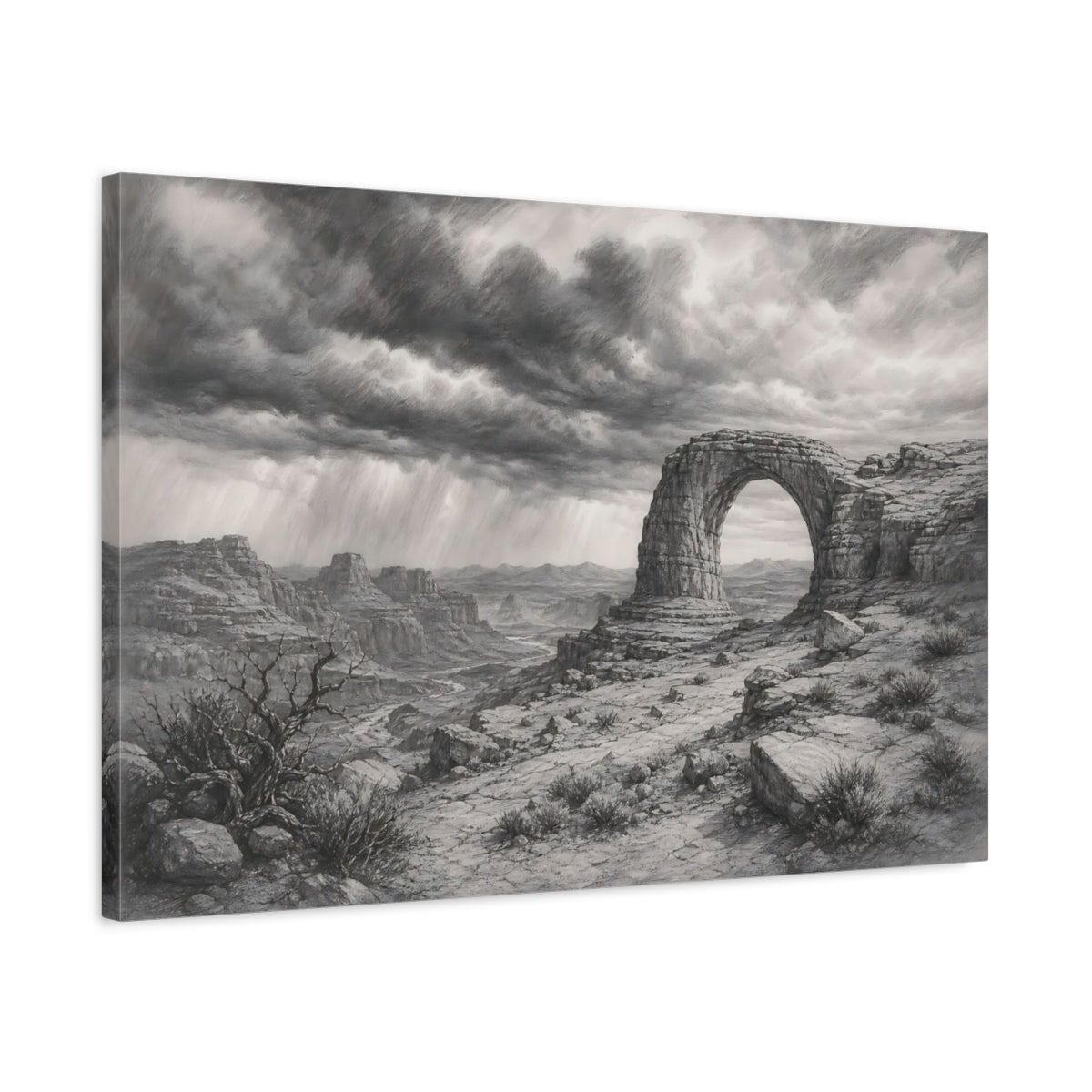 Side Mockup 2. Calm Monochrome Landscape Sketch Stone Arch Beyond Desert Canyon Beneath Stormy Sky shown as stretched canvas wall art
