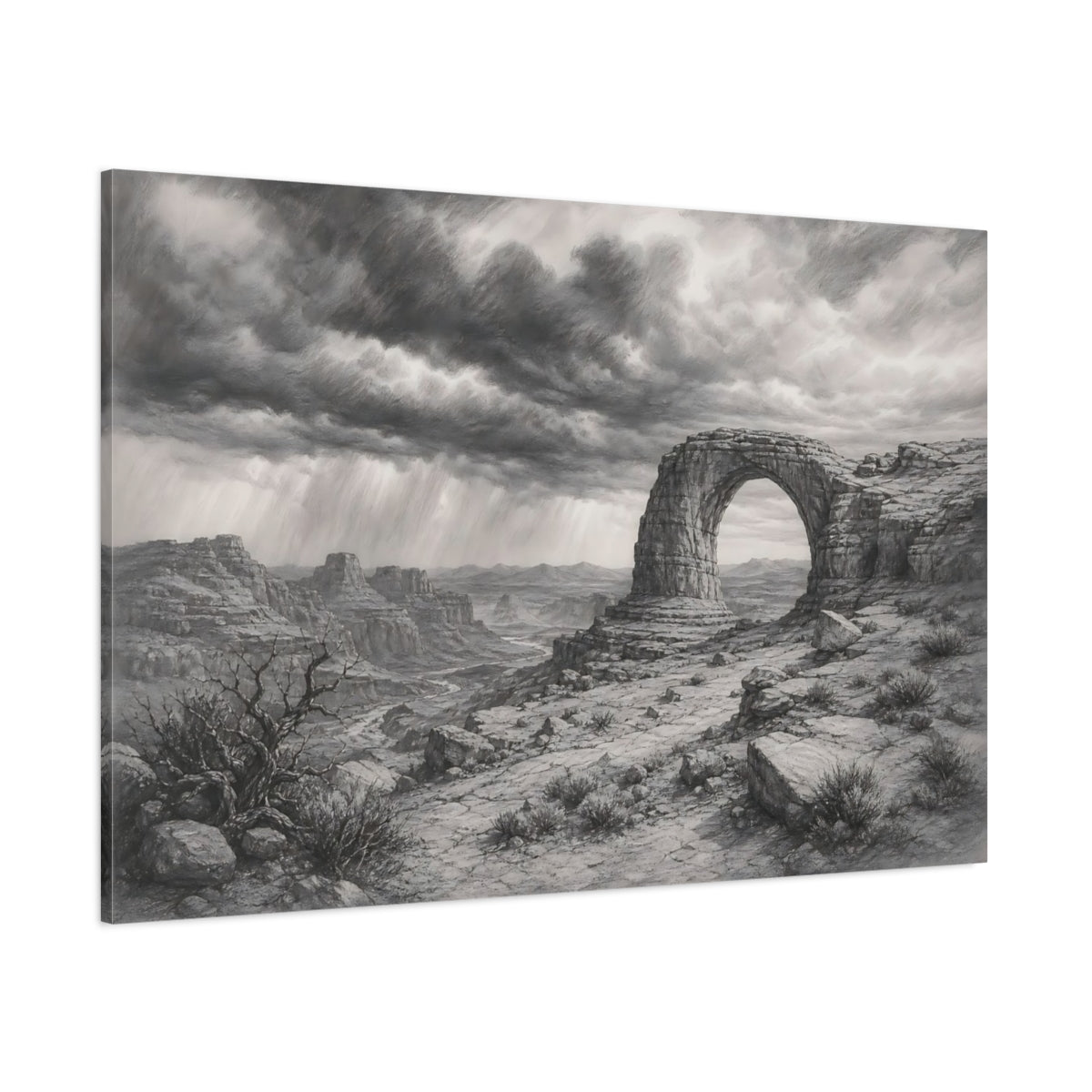 Side Mockup 1. Calm Monochrome Landscape Sketch Stone Arch Beyond Desert Canyon Beneath Stormy Sky shown as stretched canvas wall art