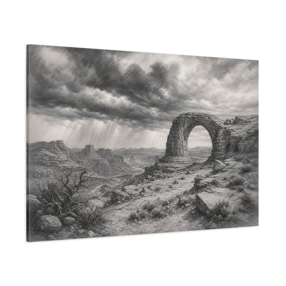 Side Mockup 1. Calm Monochrome Landscape Sketch Stone Arch Beyond Desert Canyon Beneath Stormy Sky shown as stretched canvas wall art