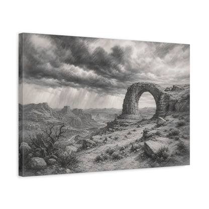 Side Mockup 3. Calm Monochrome Landscape Sketch Stone Arch Beyond Desert Canyon Beneath Stormy Sky shown as stretched canvas wall art