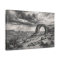 Side Mockup 4. Calm Monochrome Landscape Sketch Stone Arch Beyond Desert Canyon Beneath Stormy Sky shown as stretched canvas wall art