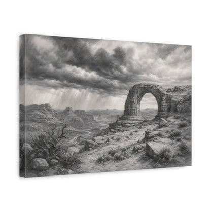 Side Mockup 4. Calm Monochrome Landscape Sketch Stone Arch Beyond Desert Canyon Beneath Stormy Sky shown as stretched canvas wall art