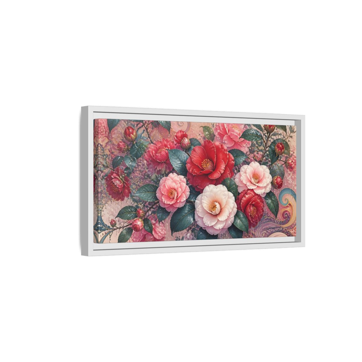 Side Mockup 6. Camellias In Gentle Rain shown as framed canvas print