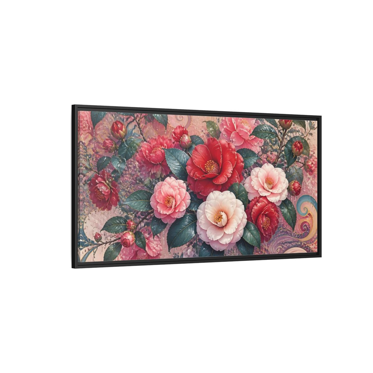 Side Mockup 5. Camellias In Gentle Rain shown as framed canvas print
