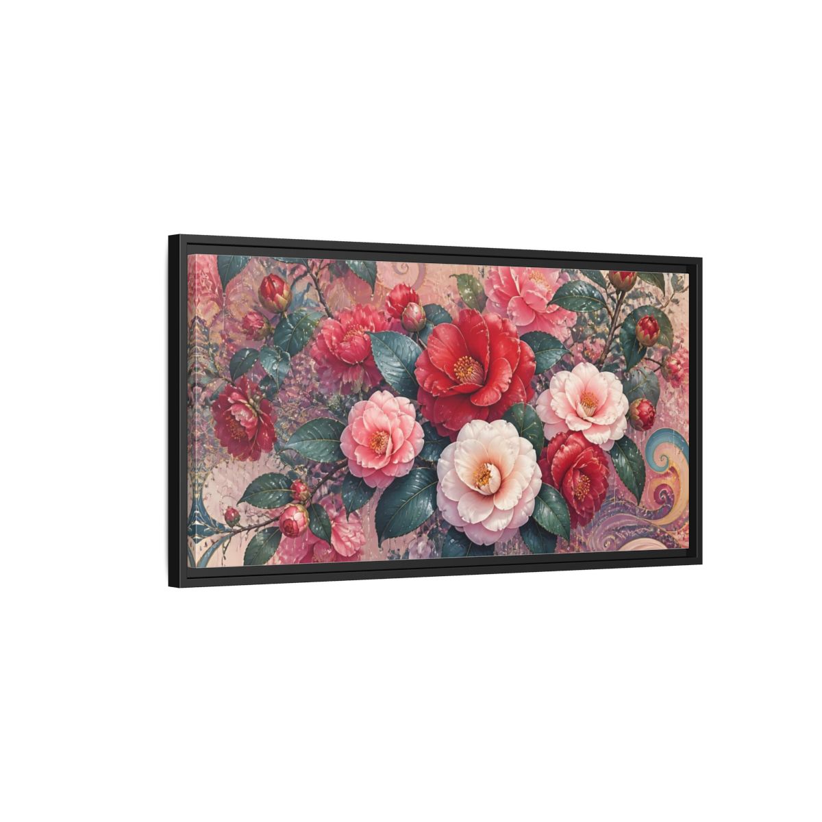 Side Mockup 2. Camellias In Gentle Rain shown as framed canvas print