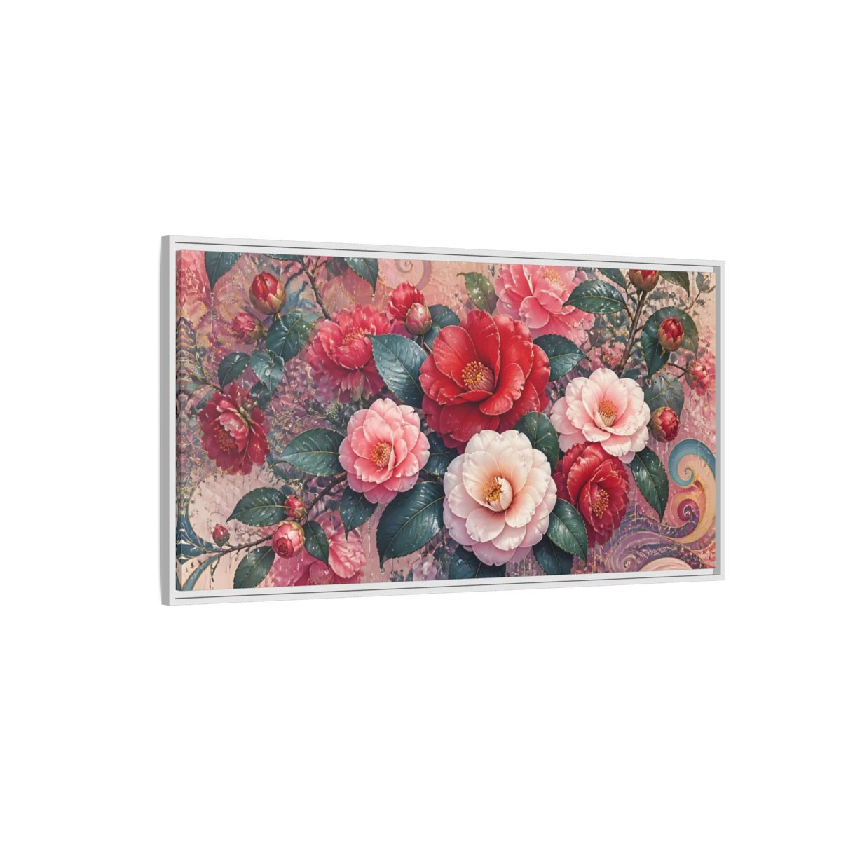 Side Mockup 3. Camellias In Gentle Rain shown as framed canvas print