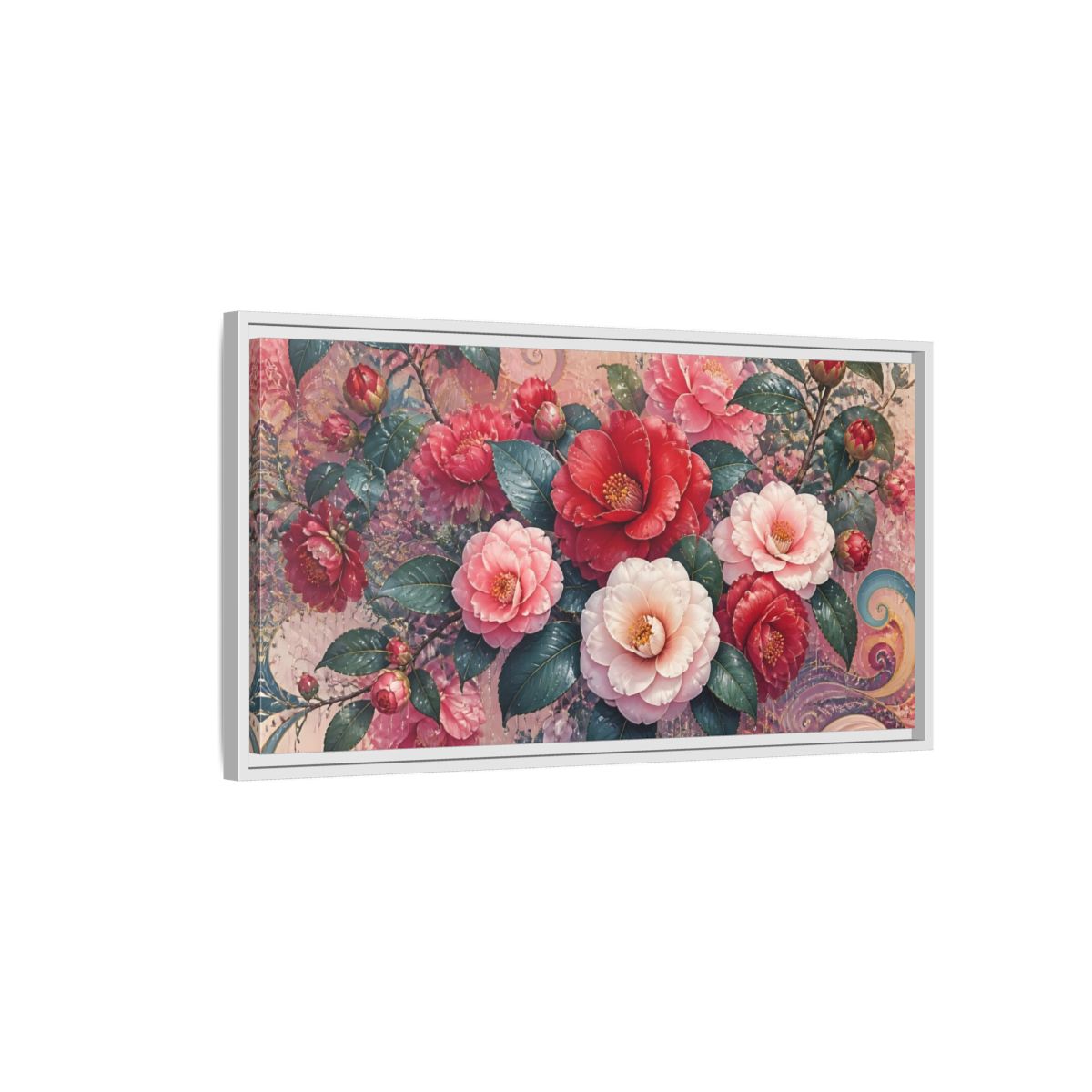 Side Mockup 1. Camellias In Gentle Rain shown as framed canvas print