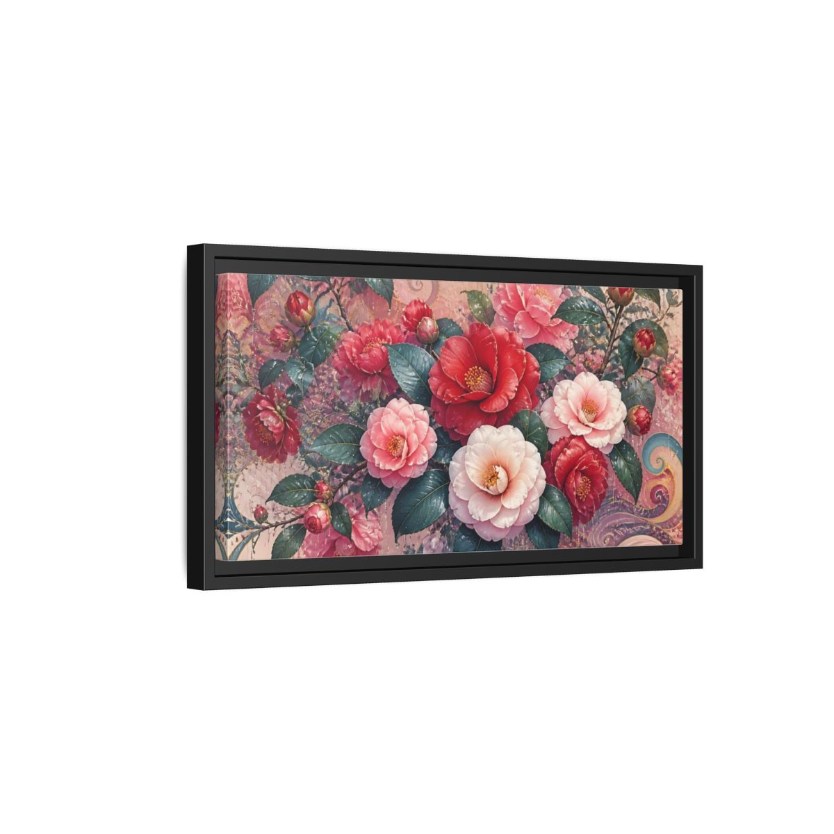 Side Mockup 8. Camellias In Gentle Rain shown as framed canvas print